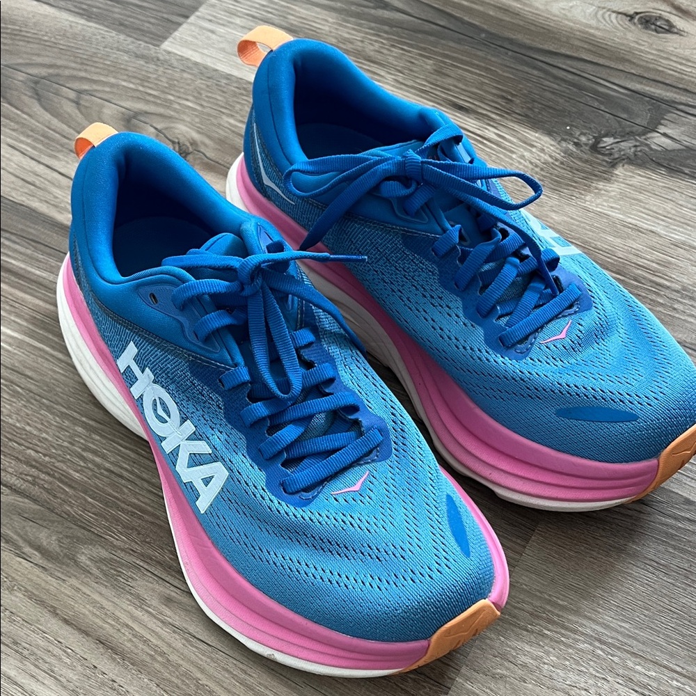 HOKA Bondi 8Women's Blue Running Shoes with Pink & Orange Accents